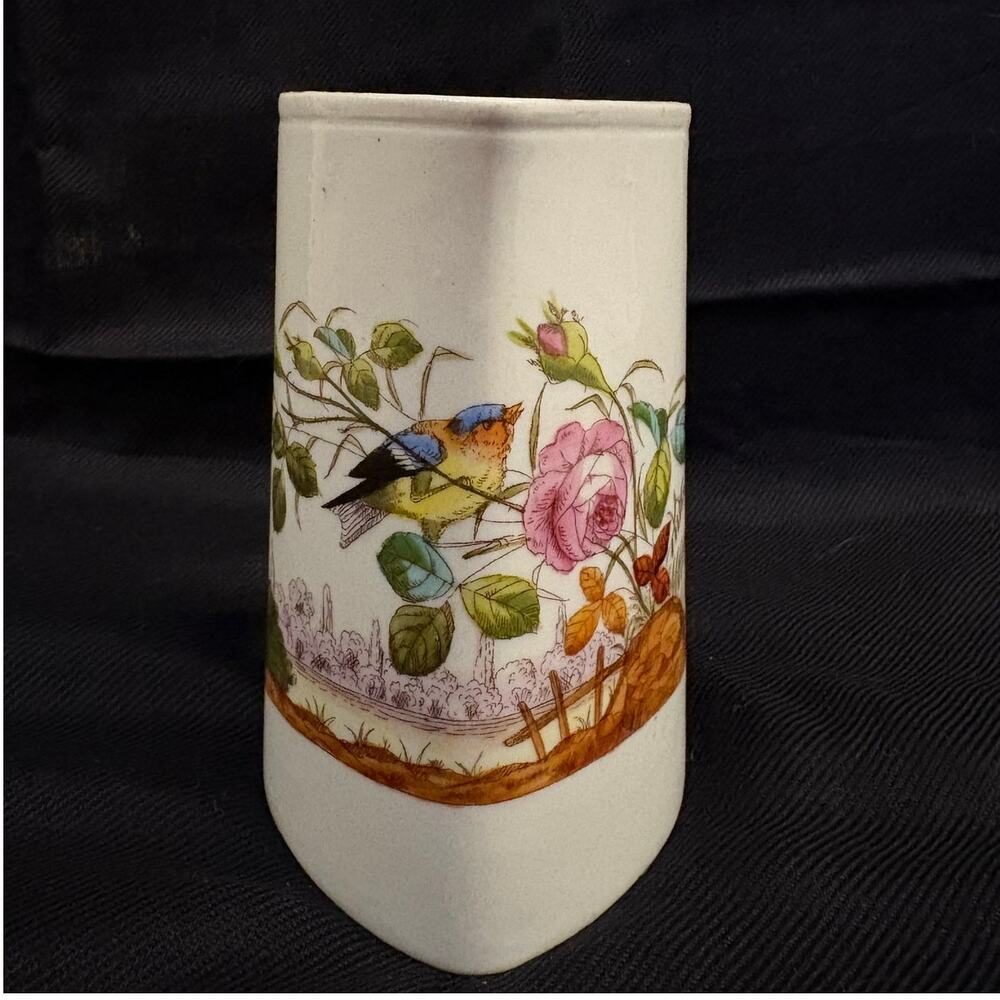 Vintage Heart Shaped Porcelain Pitcher Vase Floral Birds Signed Numbered
